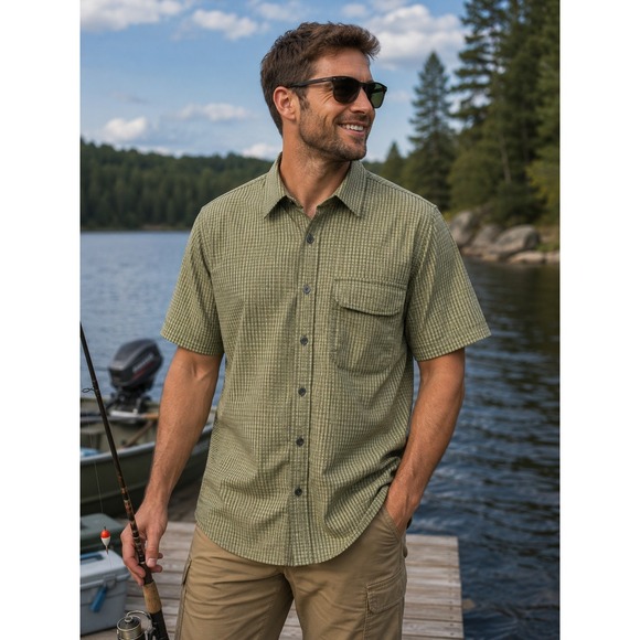Wrangler Other - WRANGLER Men's Large Green Black Check Short Sleeve Fishing Shirt -1084